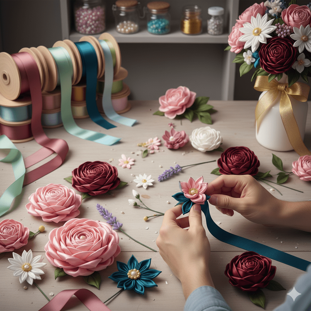 Manos creando una rosa eterna de tela satinada, con otras flores eternas, rosas y arreglos florales y cintas de seda.